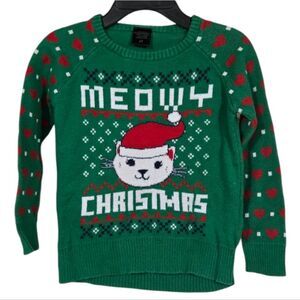 Girls 2T Meowy Christmas Cat Sweater Green Cotton Knitted Kids Holiday Shirt